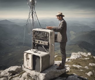 a man in a suit case standing on a mountain