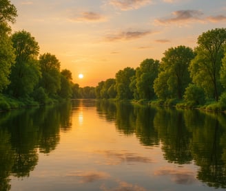 a calm river with green trees in the background on a very nice evening