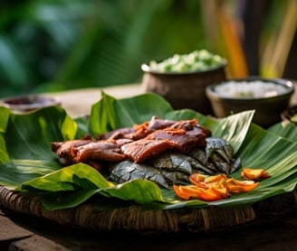 traditional Hawaiian luau ingredients of taro leaves, sweet potatoes, fish, and pork.