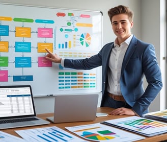 A young entrepreneur standing near a whiteboard with diagrams, laptop open, financial documents laid