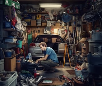 a man attempting to clean up his garage