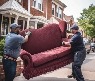 two men moving a couch couch in a neighborhood