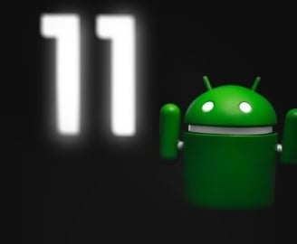 Google android bot with hands in the air and the number 11 glowing in the background