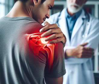 x-ray a man with shoulder pain and a doctor  