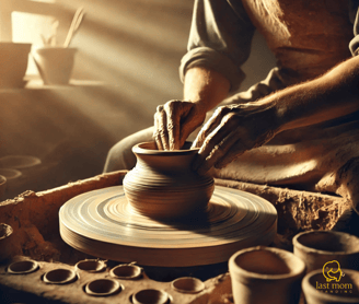 Potter shaping clay on a spinning wheel, symbolizing God's ability to create beauty