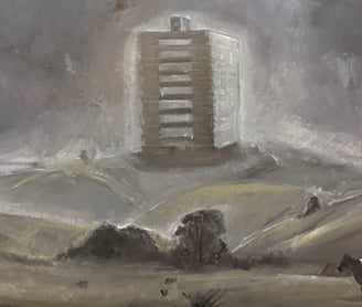 a painting of a misty tower block in the countryside with a cow in the foreground