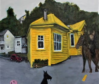 a painting of a dog and a cat on a street