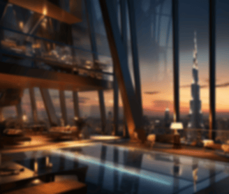 a pool in a hotel room with a view of Dubai
