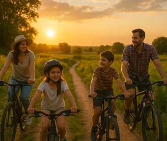 Famille à vélo sous un soleil couchant - Journée mondiale du vélo.