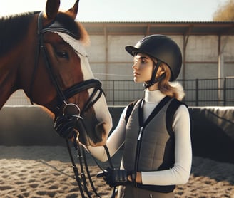 a woman in a helmet and riding gear stands next to a horse