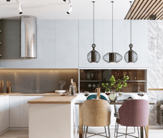 a kitchen with two chairs