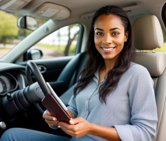a woman in a car with a book and a book