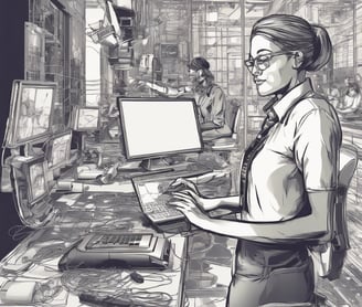 a woman in a white shirt and glasses is working on a laptop