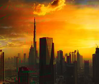 Dubai skyscraper, United Arab Emirates. Skyscraper is a tall, multistoried building. It is located in Dubai, United Arab Emir