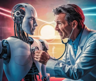 A doctor listening to a humanoid bot's heartbeat humor satire satirical medicinal ai artificial intelligence