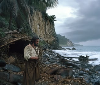 robinson Crusoe fashioning his first shelter from palm leaves and driftwood, building a rudimentary
