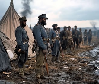 A group of Black soldiers, their uniforms dirty and torn from combat, stand in a line as they are aw