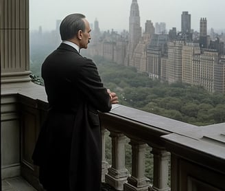 Rockefeller standing on the balcony of his mansion in 1916, overlooking Central Park. He stands with