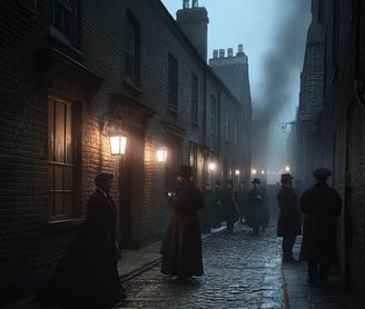 ftermath of the murders as panic spreads through the streets of Whitechapel. Local residents, dresse