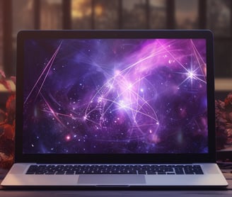 a laptop computer sitting on a table with a purple galaxy in the background