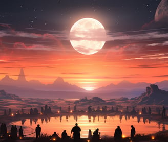 a painting of a landscape with a full moon and a magical ritual taking place