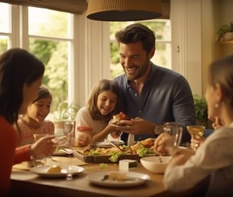 Family sharing supper in a UK home letting