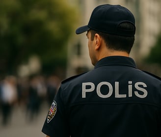 arkasını dönmüş polis kıyafetli biri