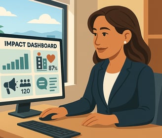 Executive views a PRM Impact Dashboard on her computer monitor.