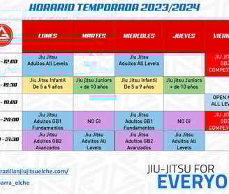 Table con el horario de clases de nuestra escuela de jiu jitsu en elche