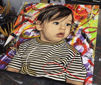 a painting of a baby's face on a canvas, artista sergio astral