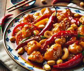 "Autentiškas Kung Pao vištienos patiekalas su traškiais riešutais ir Szechuan pipirais." "Gaminimo procesas: vištiena kepama 