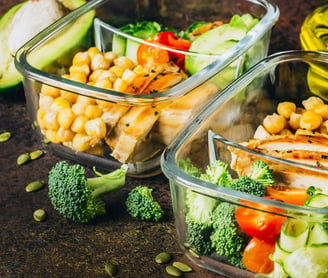 a variety of food items including a salad and a salad