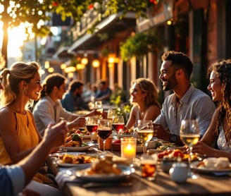 a group of people sitting at a table with drinks