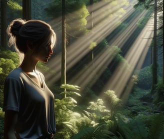 a woman standing in a forest with sunlight shining through the trees