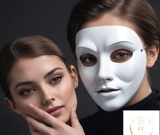 un visage de femme avec un masque blanc tenant à la main son visage sans s