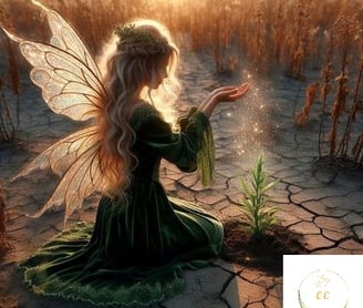 Une jeune fille avec des ailes dans le dos sur un décor féérique met de l'énergie sur une plante dans un désert, terre sèche