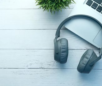 a laptop and headphones on a desk with a plant in the background, working on a transcription