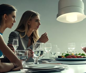 a group of people sitting at a table with wine glasses and plates