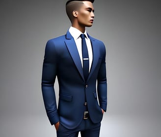 a standing man in a blue suit and tie