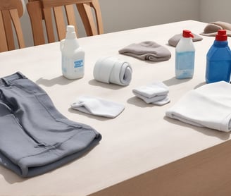 a table with a lot of clothes and a bottle of washing solution