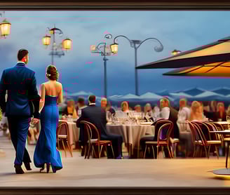 a man and woman walking near a restaurant