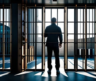 a man standing in front of a door with a view of a prison