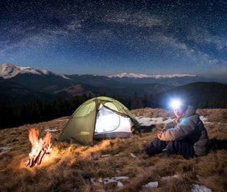 man wearing camping headlamp at night
