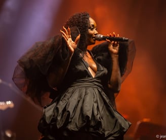 a woman in a black dress and a microphone