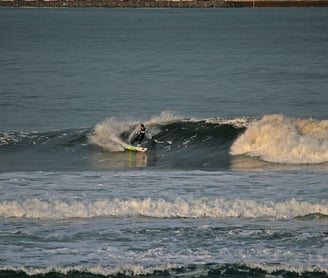 surfer performing a forehand cutback with the early mornig sun catching the wave