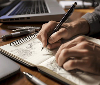 a person is writing on a notebook with a pen and a pen