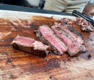 strip steak sliced and served rare