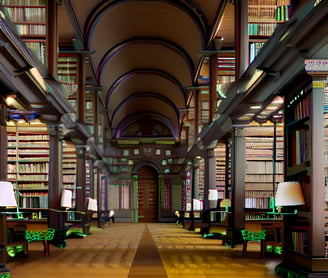 a library with a long row of bookshelves and lamps