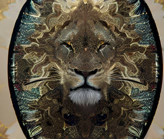 a lion head with a lion's head in the middle of a circular mirror