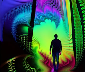 a man walking down a path with a colorful light